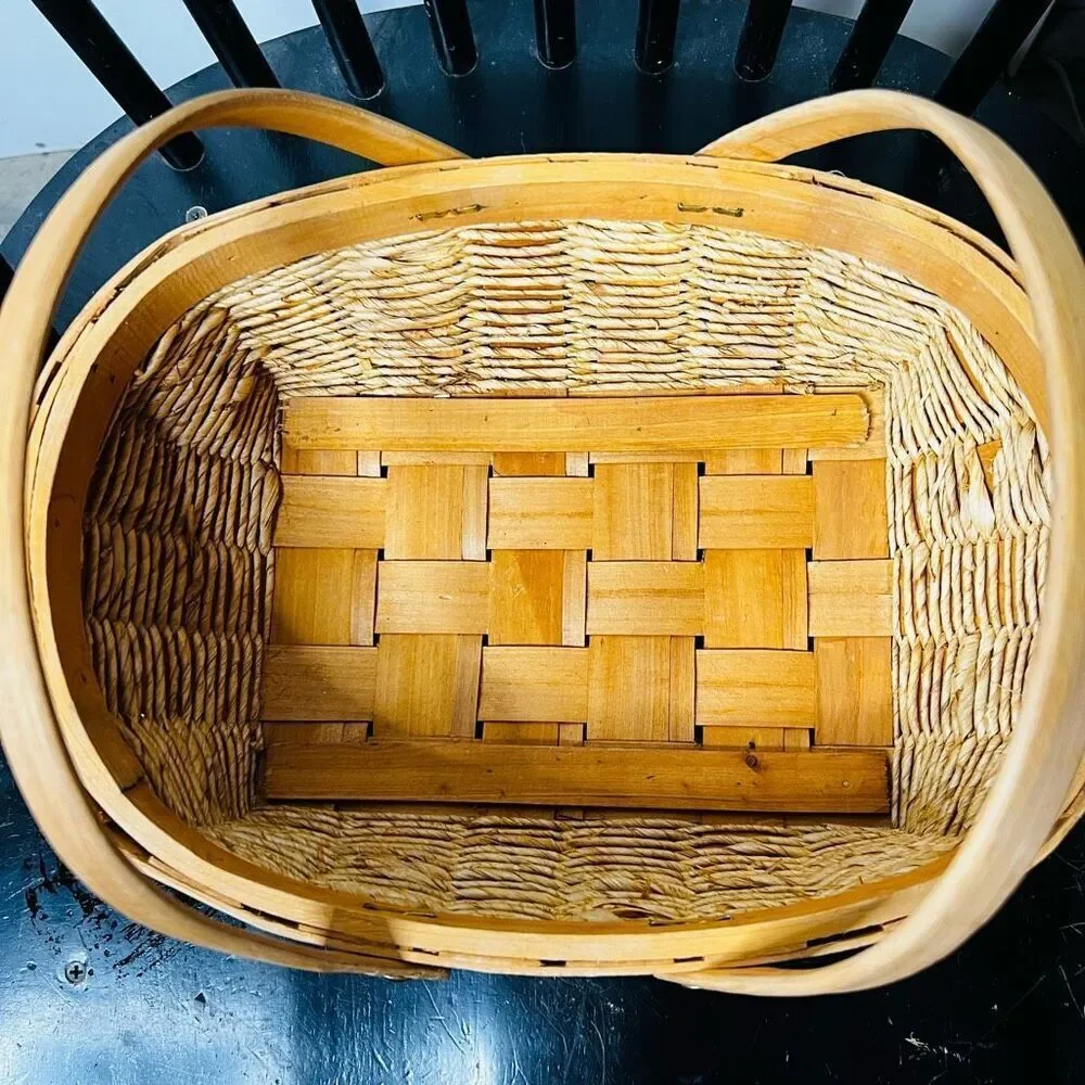 Brown Wooden Woven Double Handled Basket